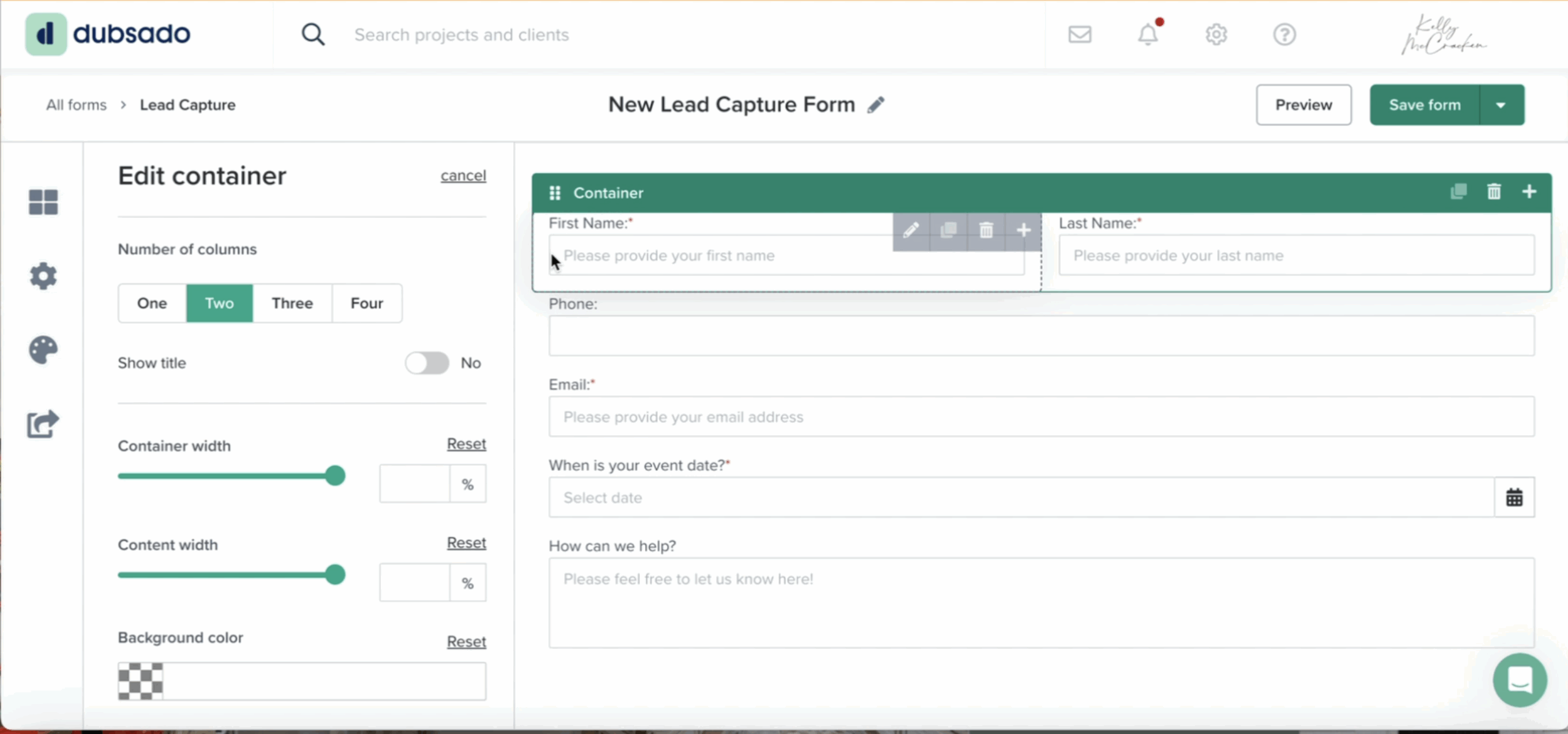 How to set up a lead capture form in Dubsado Using Containers