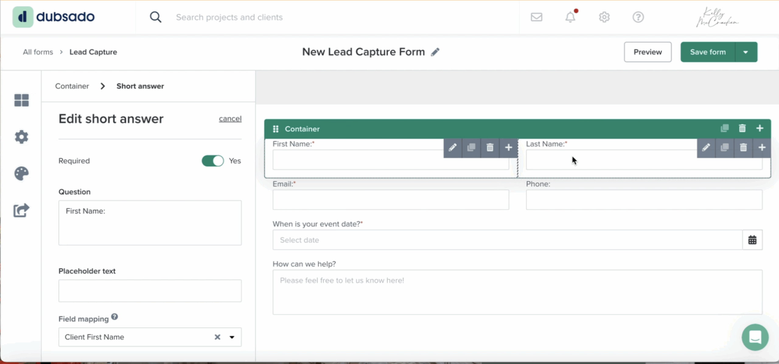 How to set up a lead capture form in Dubsado Client Fields
