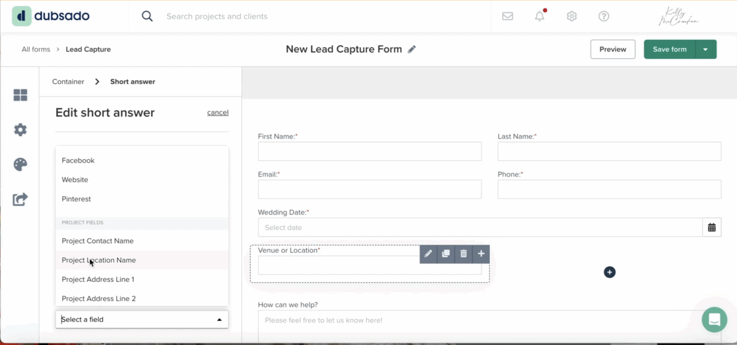 How to set up a lead capture form in Dubsado Project Location