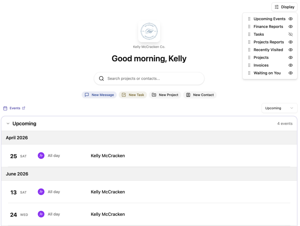 Dashboard view in Dubsado 3.0 showing dropdown bar for editing the display
