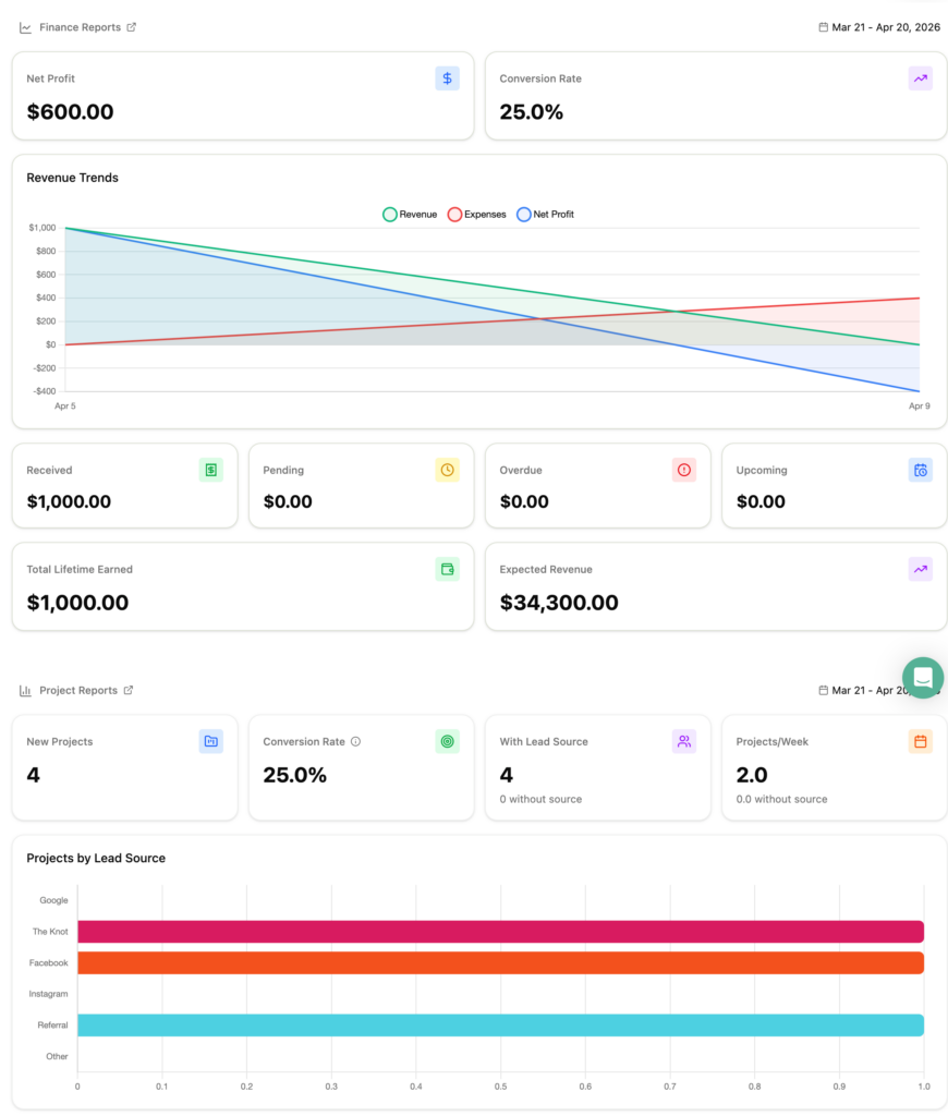 Dubsado 3.0 dashboard view showing profit, revenue trends, and lead sources for projects.