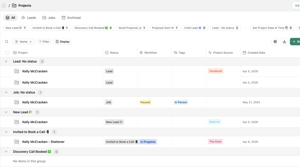 Dubsado 3.0 projects table view
