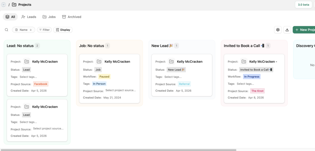Dubsado 3.0 Project View as Boards