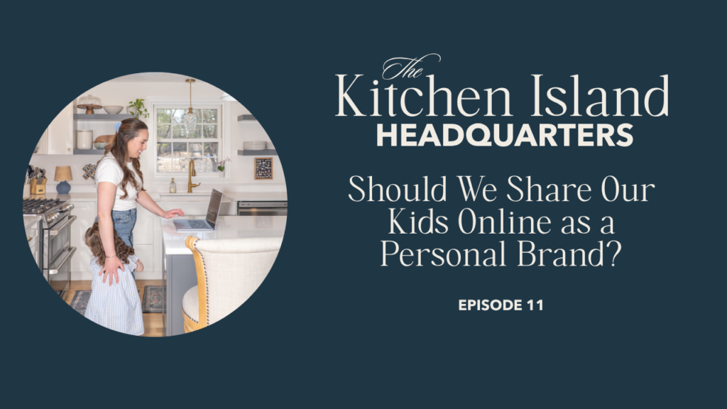 Photo of mom working at a computer and her daughter next to her on cover photo for the Kitchen Island Headquarters Podcast